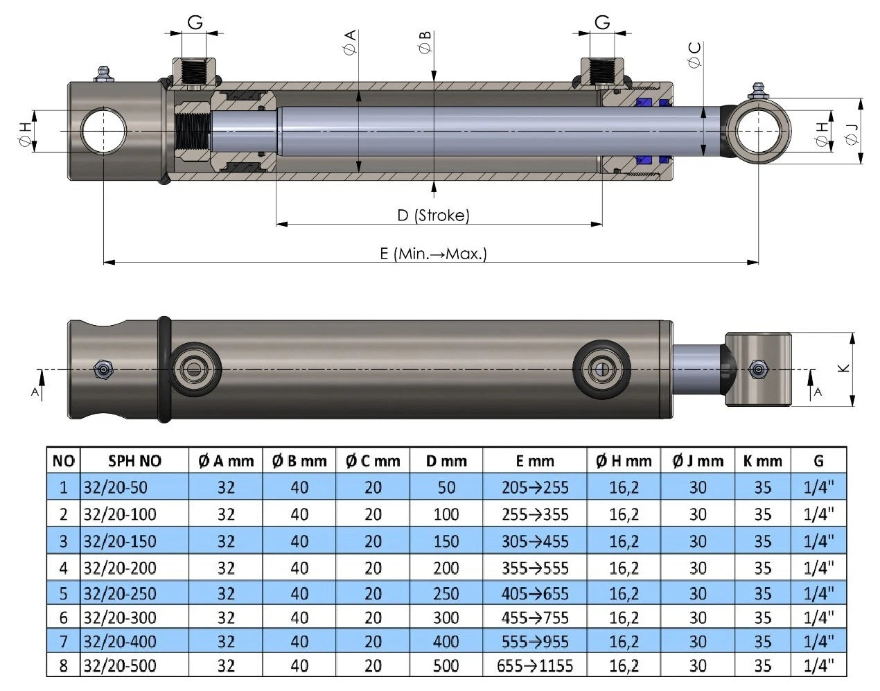 Vérin Hydraulique à Double Effet avec trou de bouchon d'extrémité (plusieurs variantes)