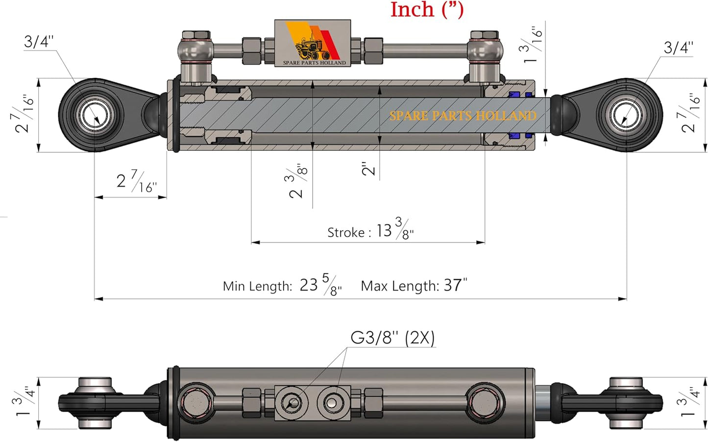 Hydraulische Topstang Cat. 2-2 (615 mm – 955 mm) met Vergrendelblok en 2 Hydraulische Slangen