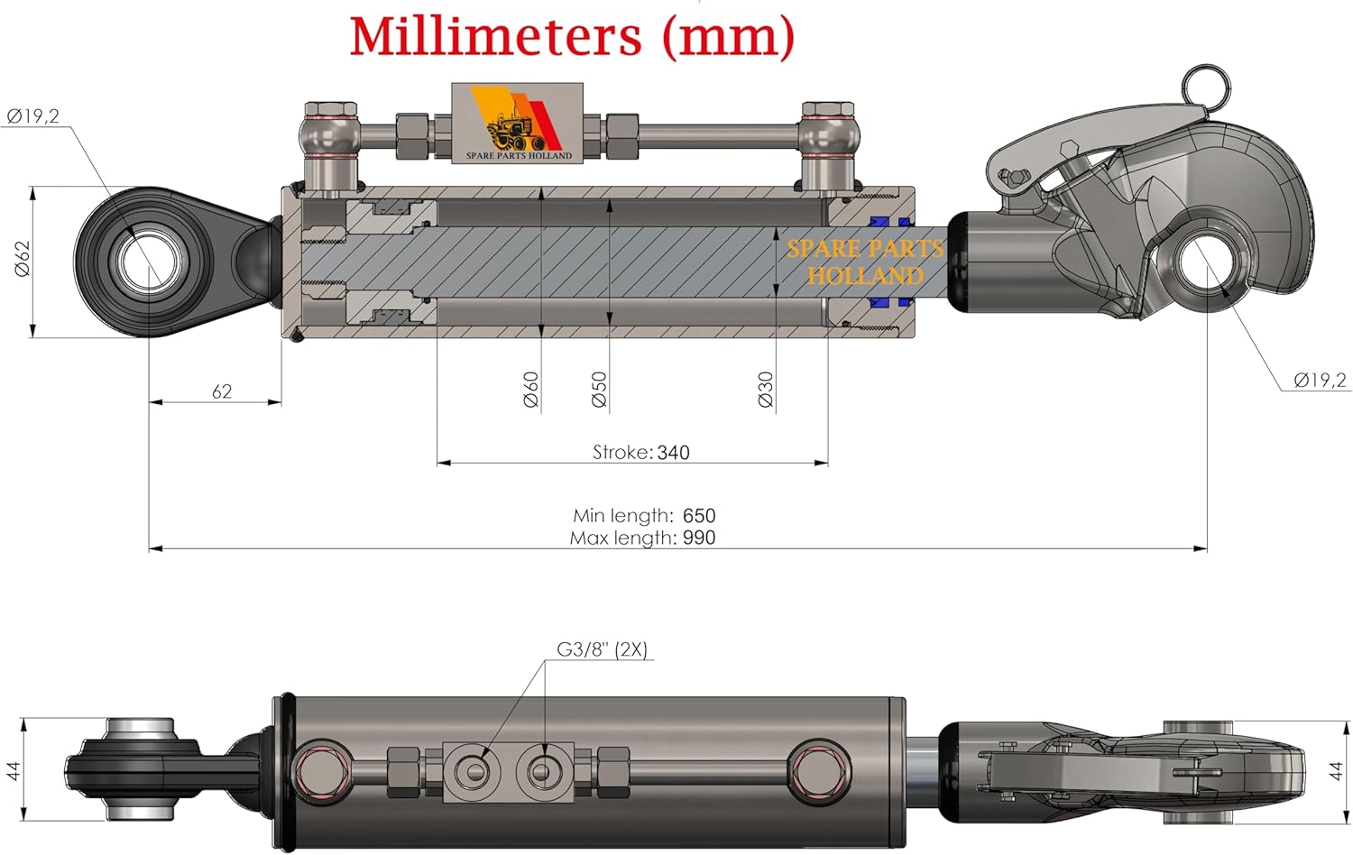 Hydraulic Top Link Cat 1-1 with Rapid Hook (650 - 990 / 25 5/8”–39”) Incl. Locking Block and 2 Hydraulic Hoses - SPH320093