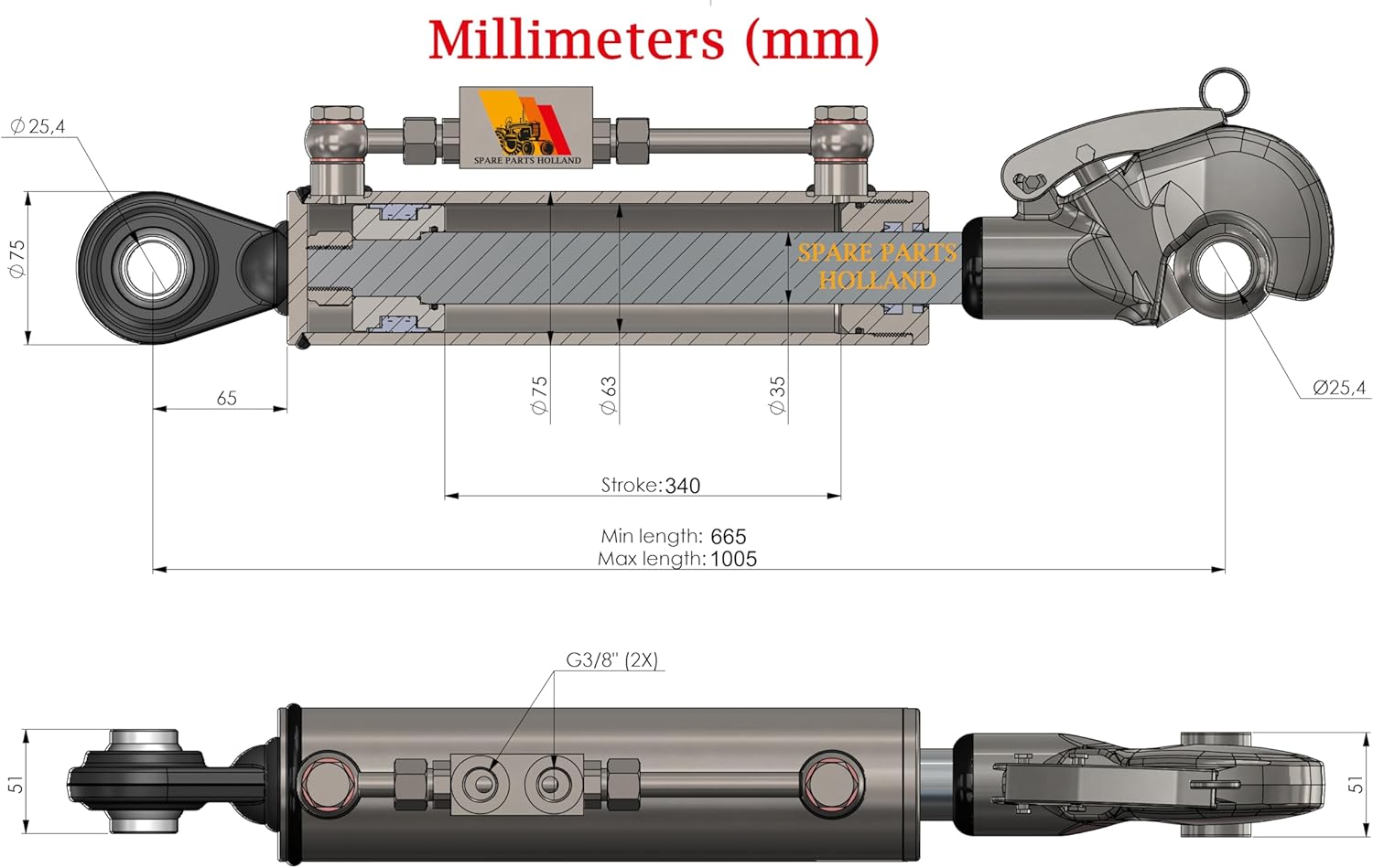 Terzo Punto Idraulico Cat. 2–2 con Gancio Rapido (665–1005 mm) – incl. Blocco di Sicurezza e 2 Tubi Idraulici – SPH320094