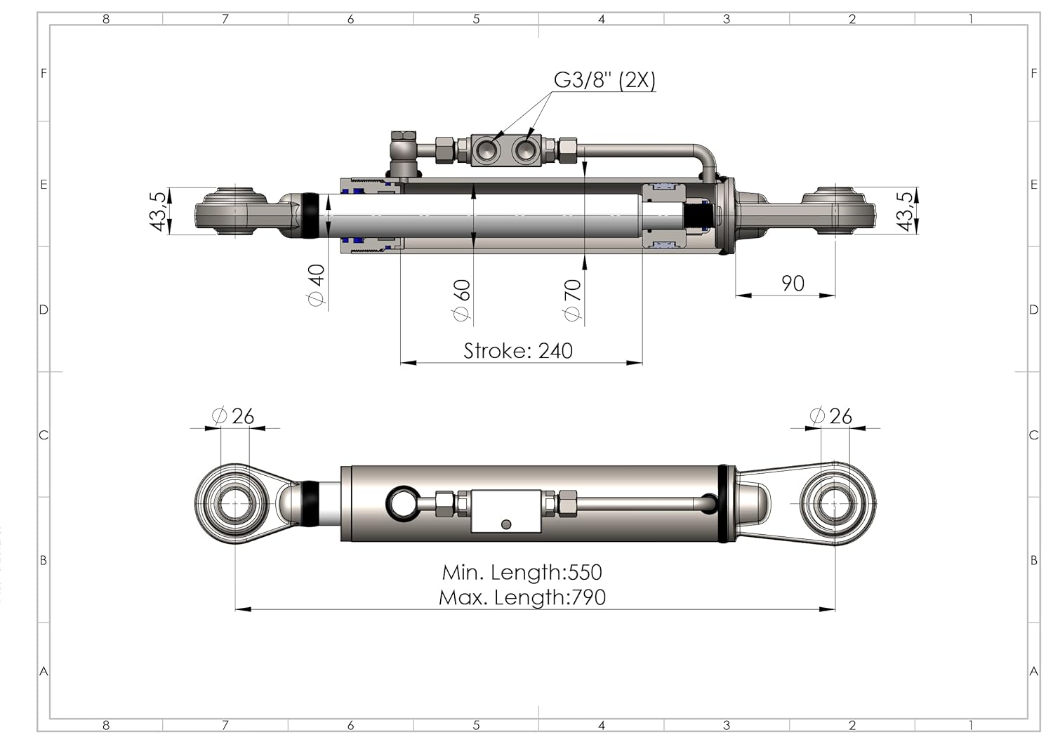 Hydraulic Top Link Cat. 2-2 (550–790 mm / 21 21/32”–31 3/32”) with Locking Block + 2 Hydraulic Hoses - SPH320096