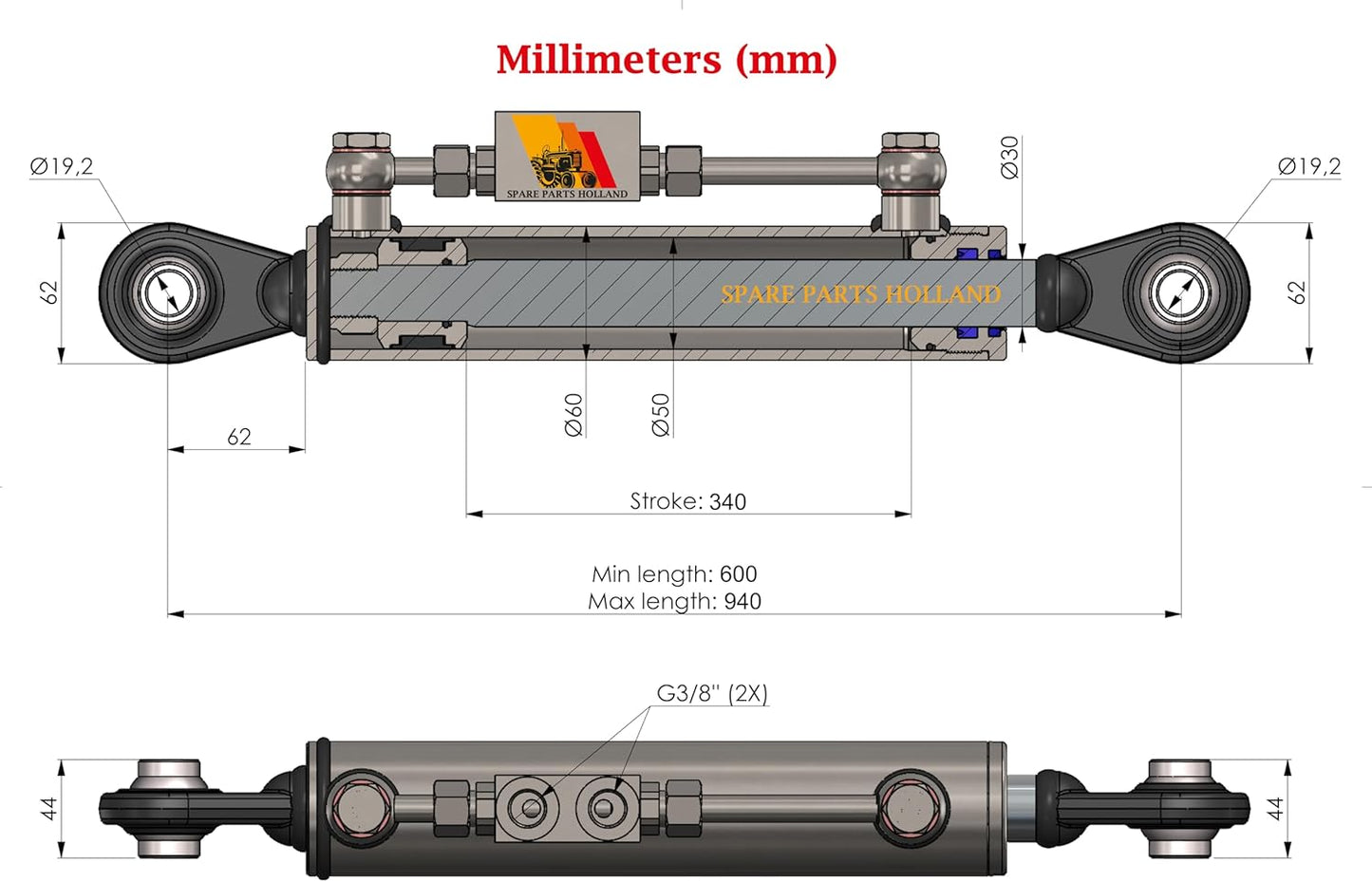 Tercer Punto Hidráulico Cat. 1-1 (600–940 mm) con Bloqueo y Mangueras – SPH320089