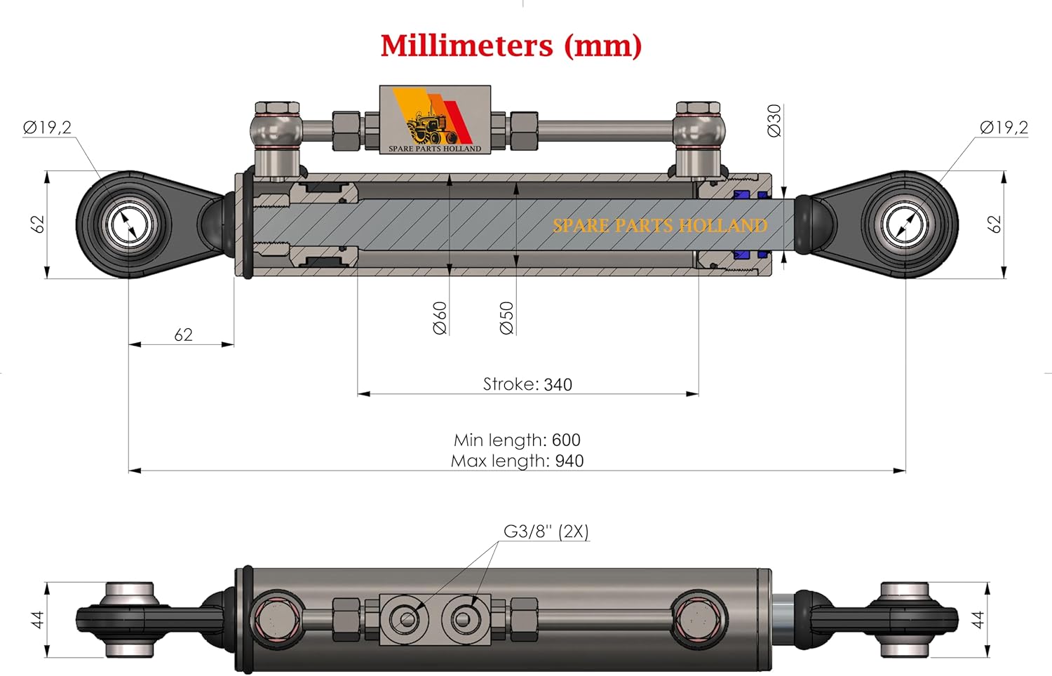 Hydraulic Top Link Cat. 1-1 (600–940 mm / 23 5/8”–37”) with Locking Block and 2 Hoses – SPH320089