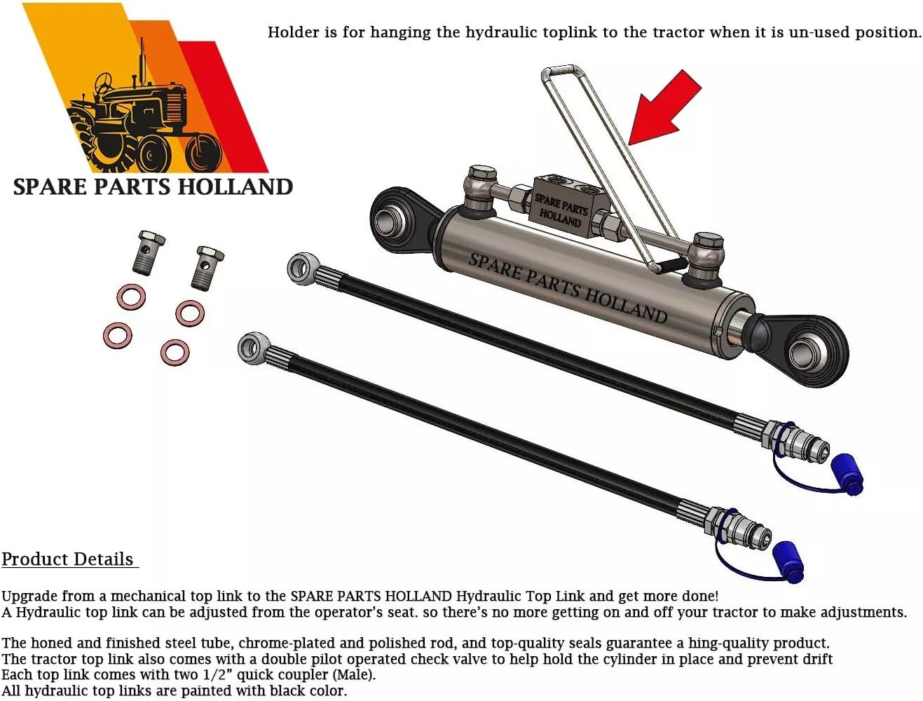 Hydraulic Top Link Cat. 1-1 (600–940 mm / 23 5/8”–37”) with Locking Block and 2 Hoses – SPH320089