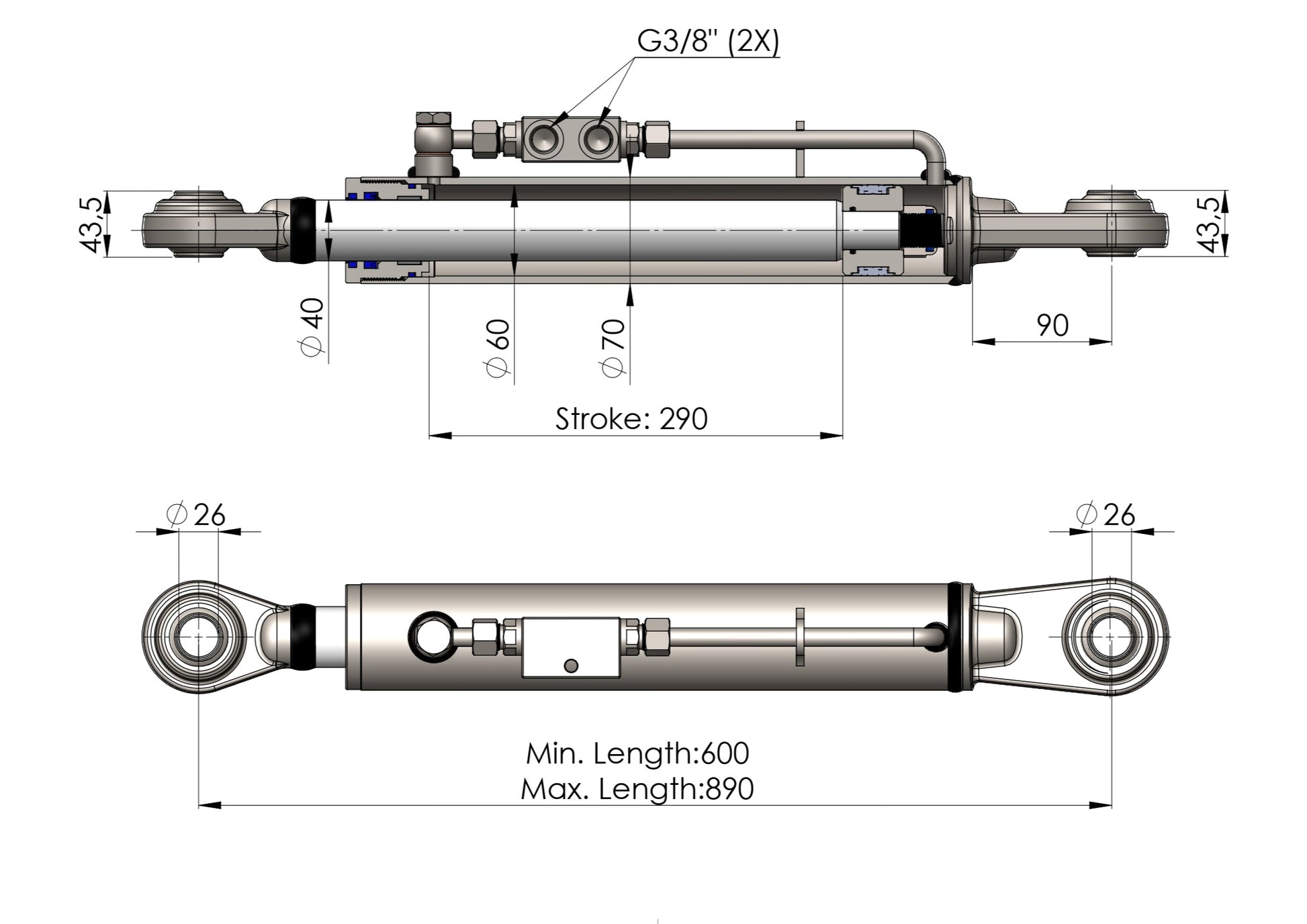 Hydraulic Top Link Cat. 2-2 (Min. 600→Max.890 mm) With Locking Block + 2 Hydraulic Hoses - SPH320097
