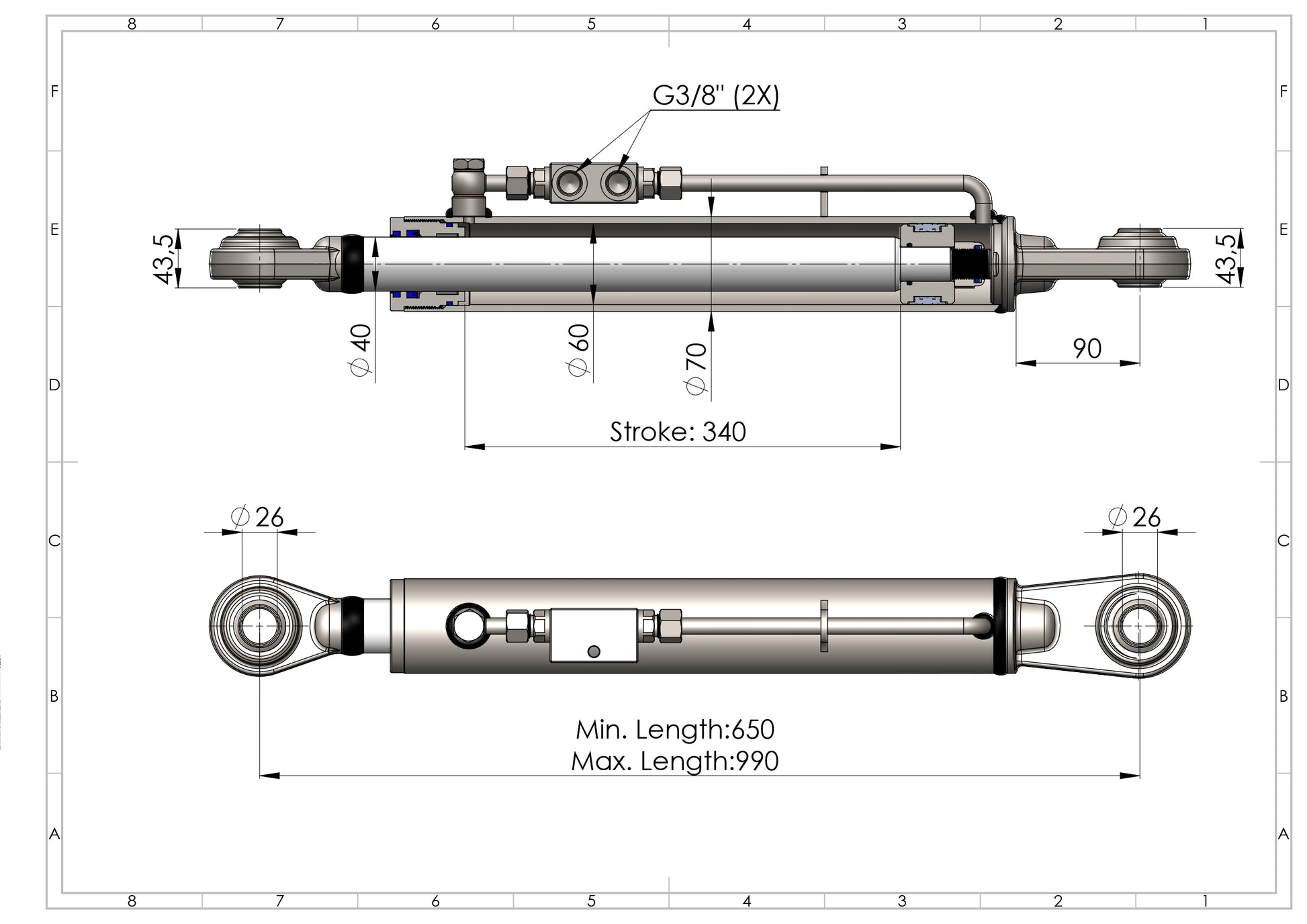 Hydraulic Top Link Cat. 2-2 (Min. 650→Max.990 mm) With Locking Block + 2 Hydraulic Hoses - SPH320098
