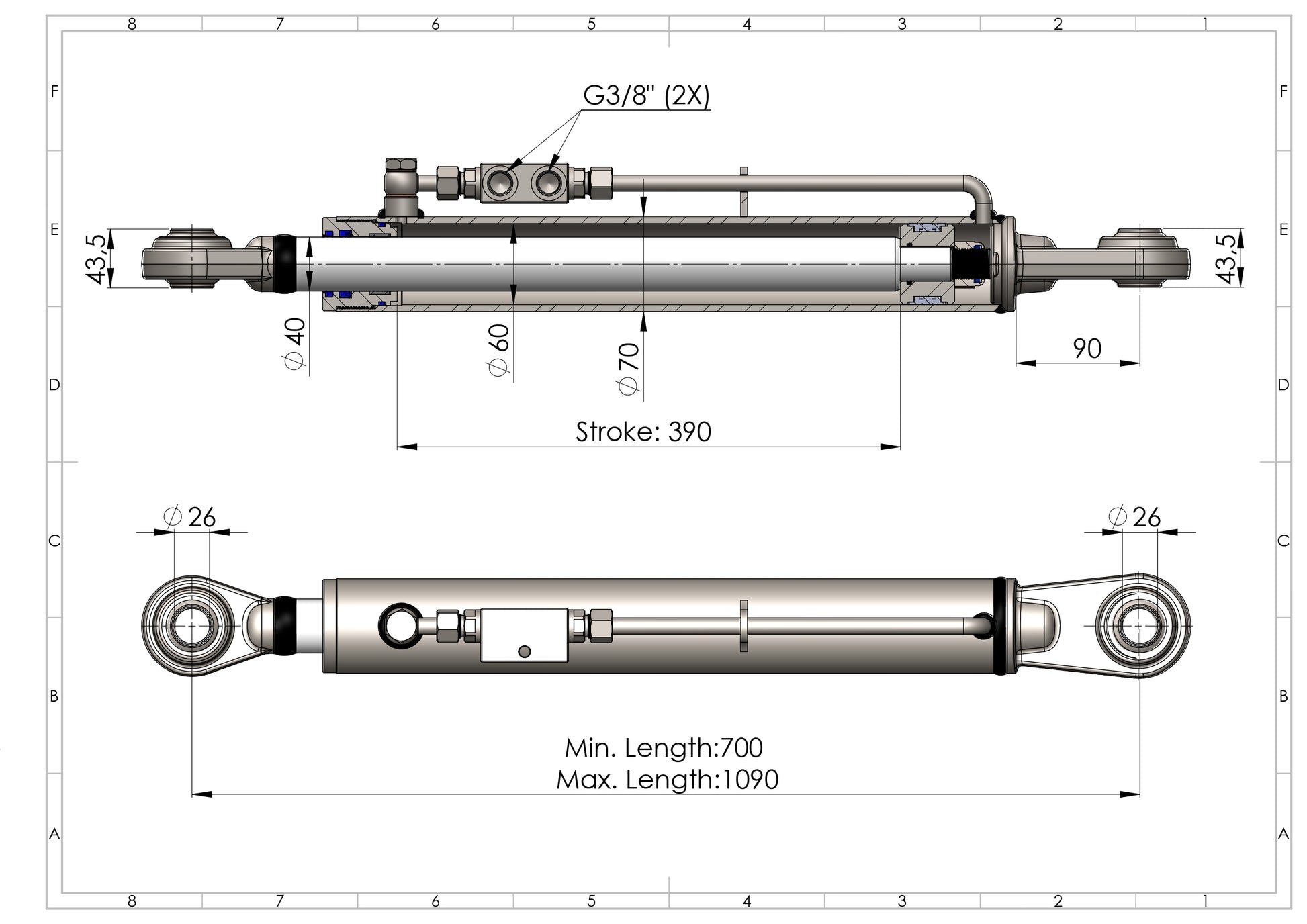 Hydraulic Top Link Cat. 2-2 (Min. 700→Max.1090 mm) With Locking Block + 2 Hydraulic Hoses - SPH320099