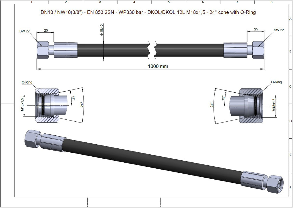 Hydrauliletku DN10 (3/8") EN 853 2SN 330 bar DKOL suora M18x1,5