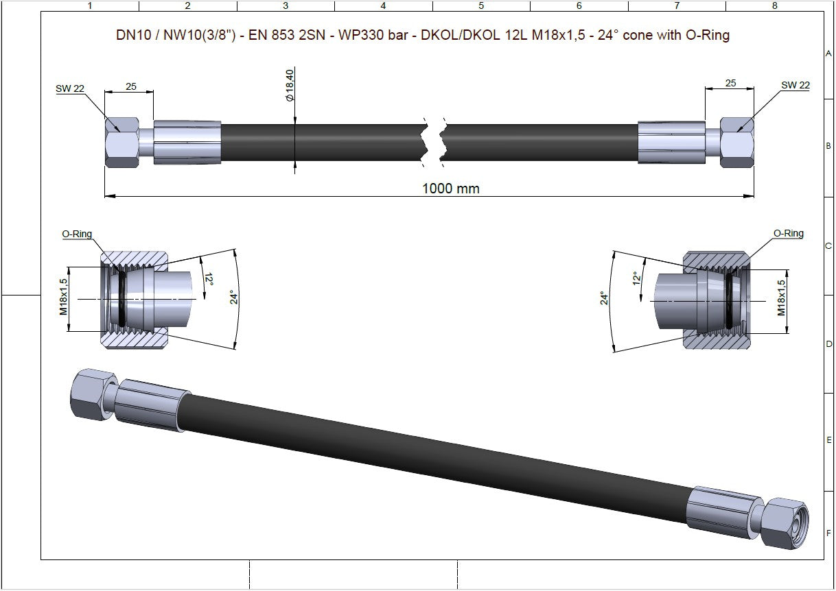 Hydraulic Hoses DN10/NW10(3/8")-EN853 2SN-WP330 bar-DKOL/DKOL 12L M18x1,5-24° O-Ring