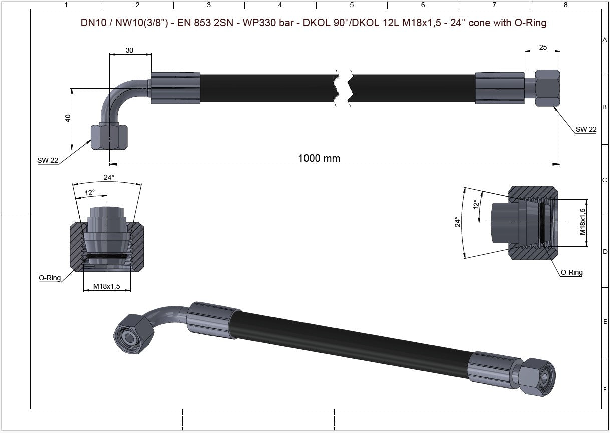 Hydraulic Hoses DN10/NW10(3/8")-EN853 2SN-WP330 bar-DKOL 90°/DKOL 12L M18x1,5-24° O-Ring