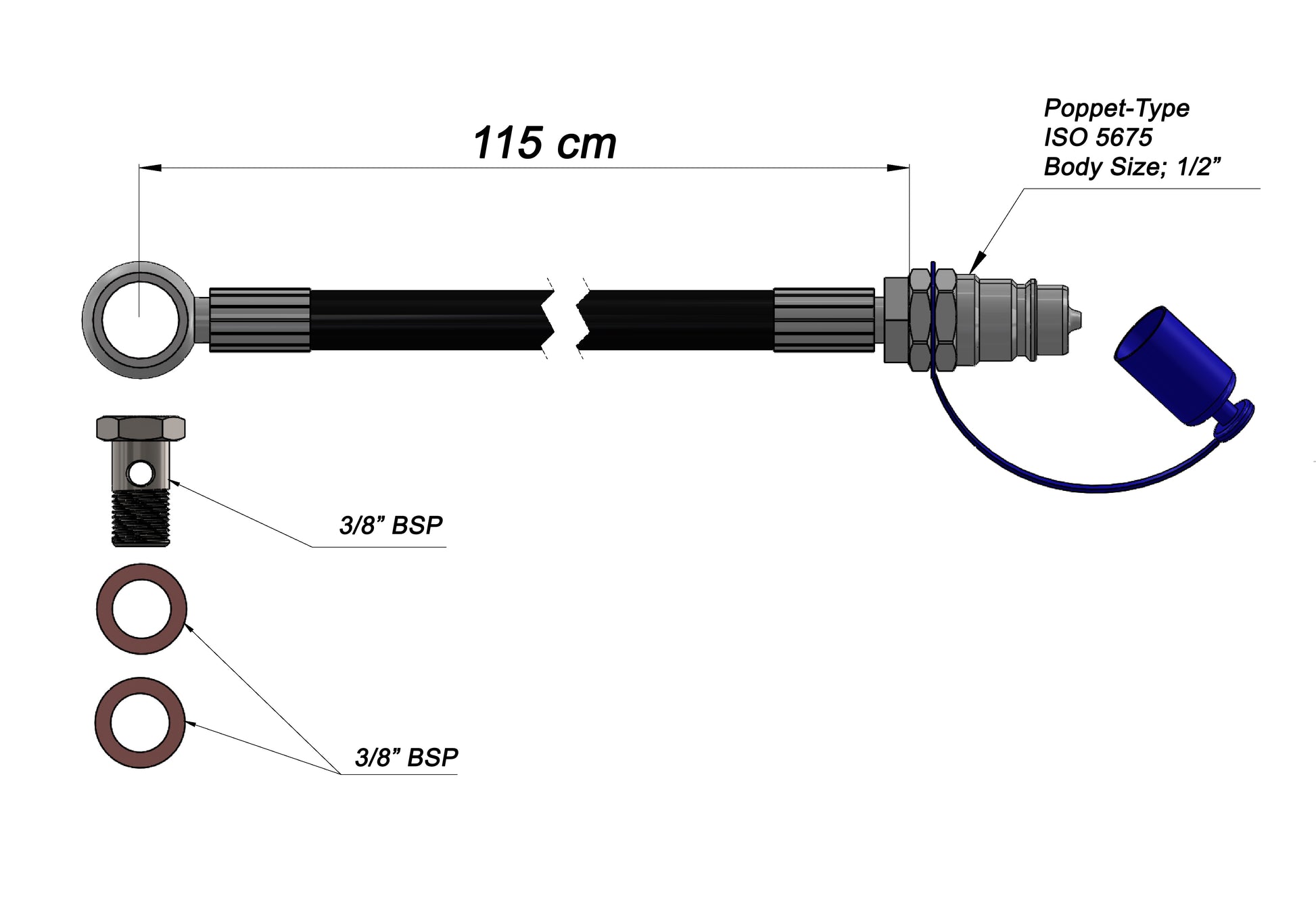 Kit tubi per terzo punto idraulico – Tipo valvola, dimensione corpo 1/2", lunghezze: 75 cm, 95 cm, 105 cm, 115 cm