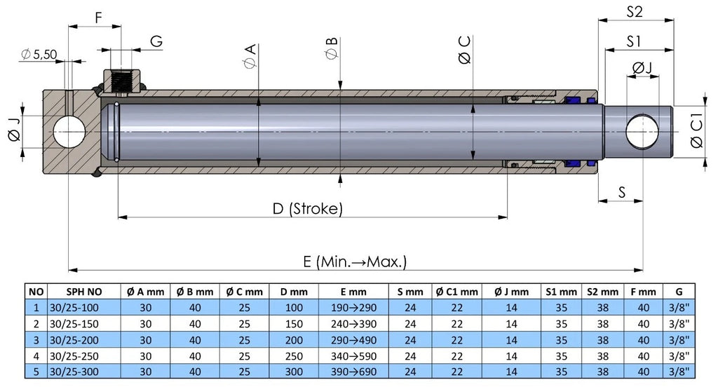 Single Acting Hydraulic Cylinder Hole Type (30/25)