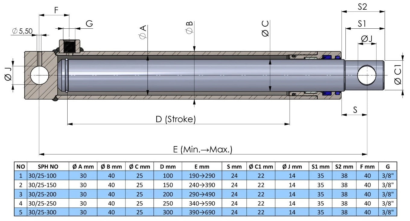 Single Acting Hydraulic Cylinder Hole Type (30/25)