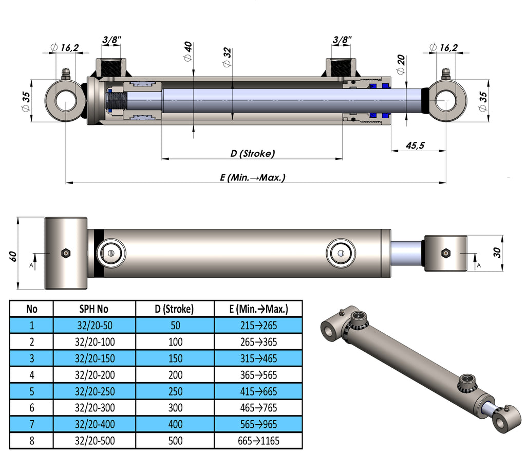 Double Acting Hydraulic Cylinders With Tube Ends (32/20)