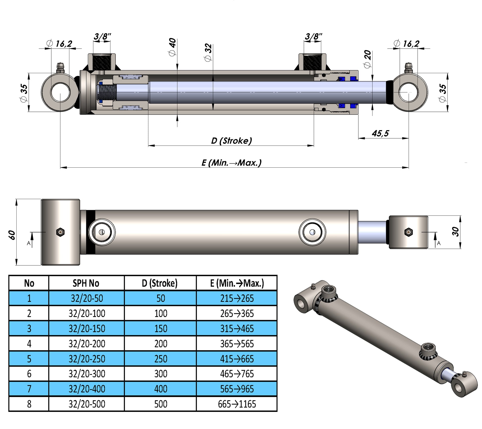 Double Acting Hydraulic Cylinders With Tube Ends (32/20)