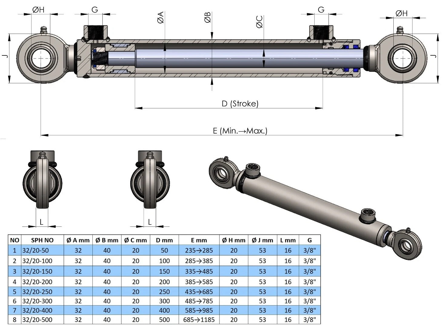 Double Acting Hydraulic Cylinder With Industrial Ball Joints (32/20)