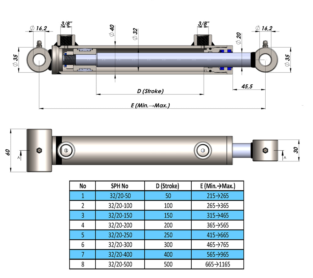 Dobbelvirkende hydrauliske sylindere med rørender (32/20)
