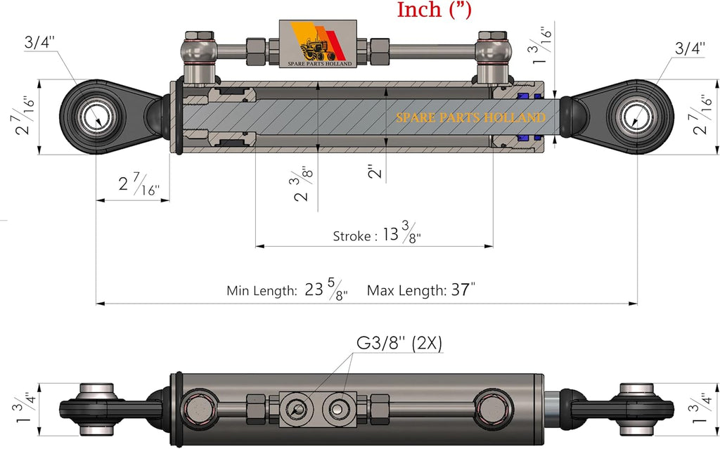 Terzo Punto Idraulico Cat. 2-2 (615 mm – 955 mm) con valvola di blocco e 2 tubi idraulici