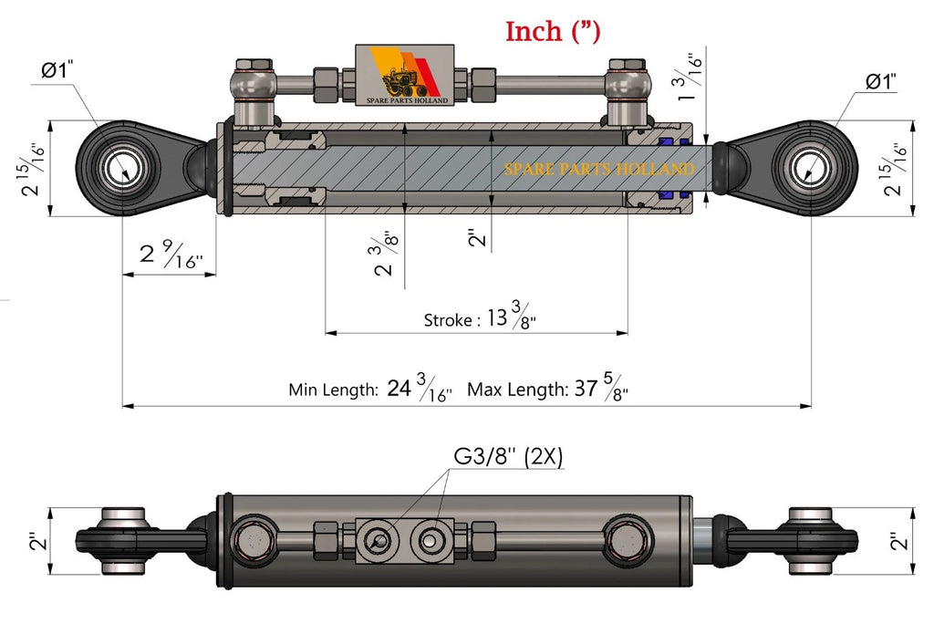 Hydraulischer Oberlenker Kat. 2-2 (615 mm – 955 mm) mit Sperrblock und 2 Hydraulikschläuchen