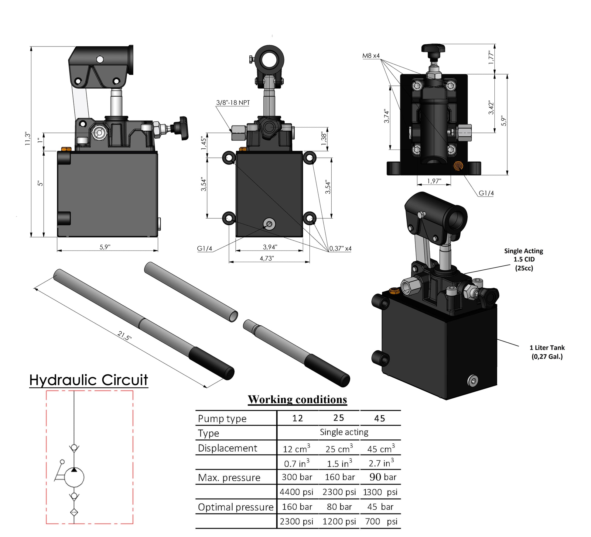 Pompa manuale a pistone idraulica a singolo e doppio effetto con pomello di rilascio, pompa idraulica azionata a mano con porte 3/8" NPTF - SPH390222