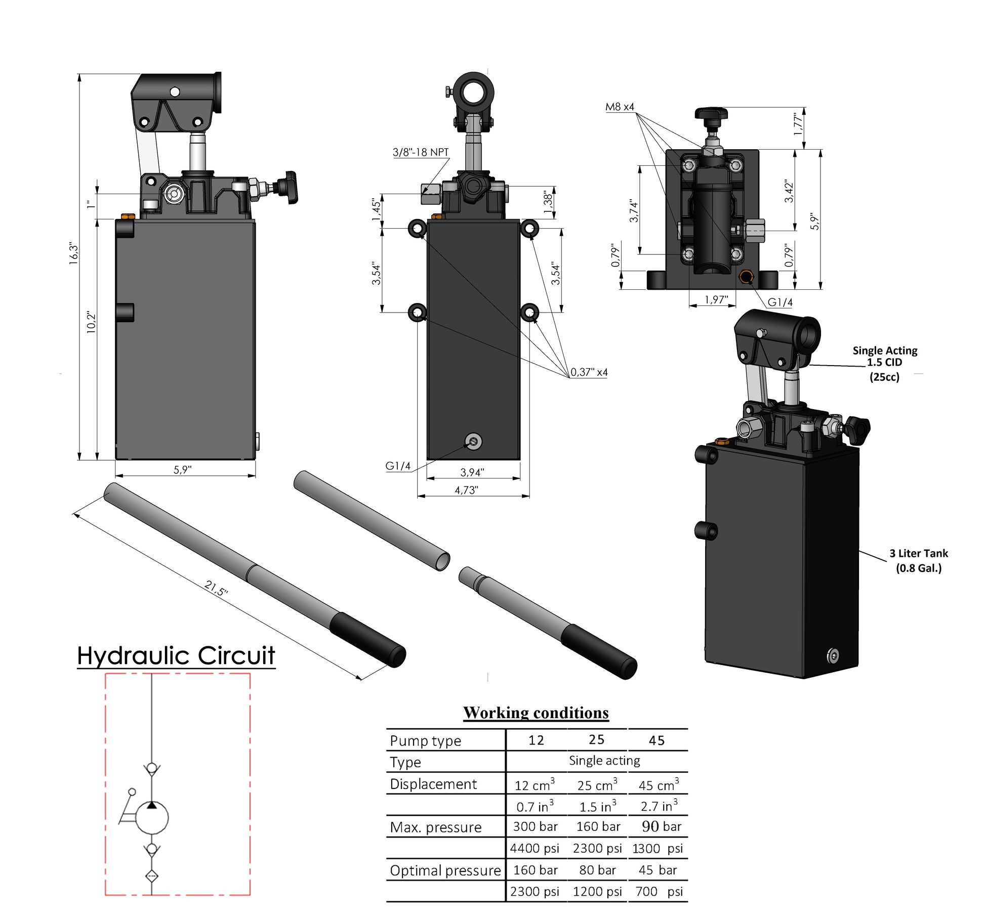 Pompa manuale a pistone idraulica a singolo e doppio effetto con pomello di rilascio, pompa idraulica azionata a mano con porte 3/8" NPTF - SPH390222