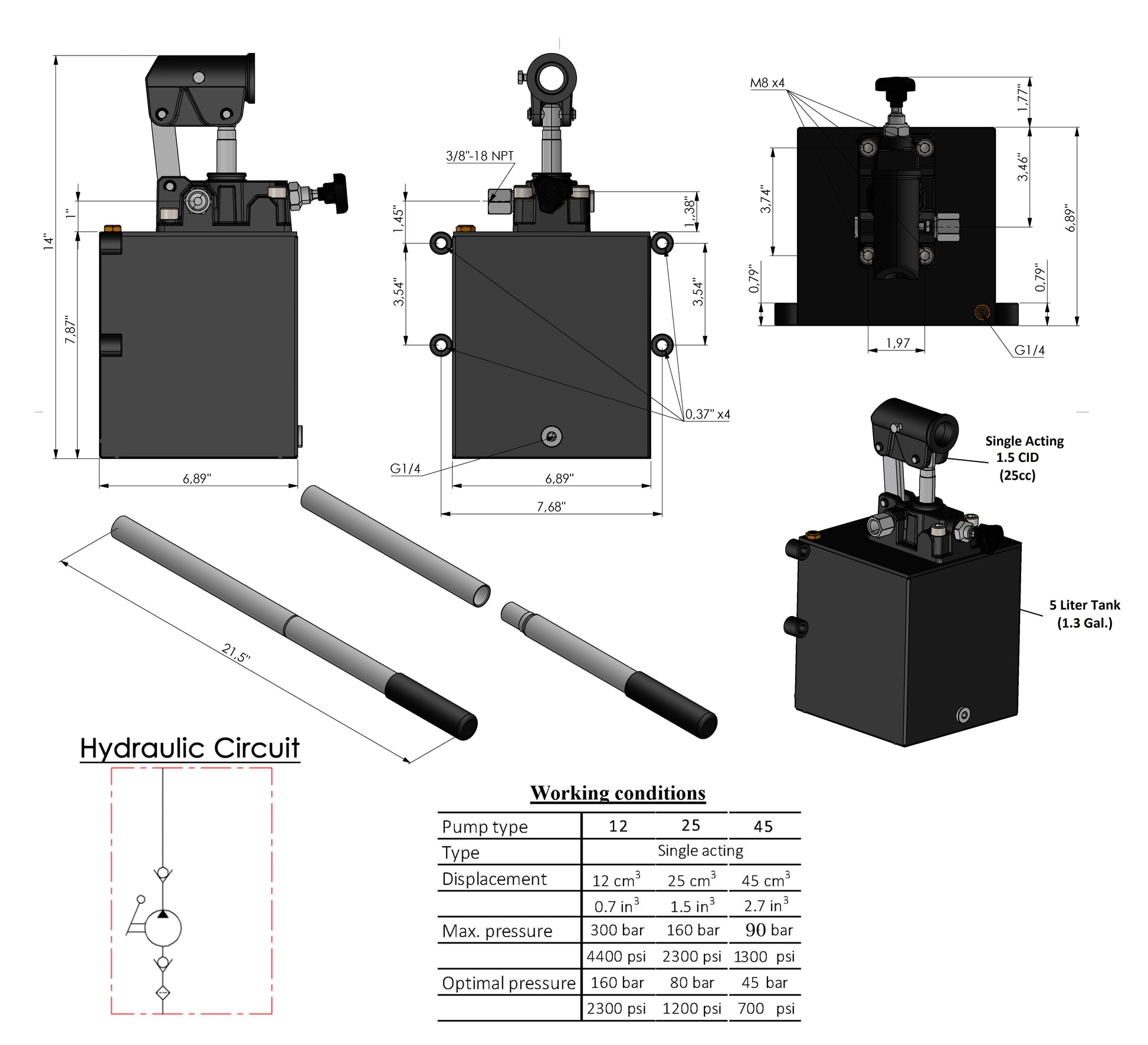Pompa manuale a pistone idraulica a singolo e doppio effetto con pomello di rilascio, pompa idraulica azionata a mano con porte 3/8" NPTF - SPH390222