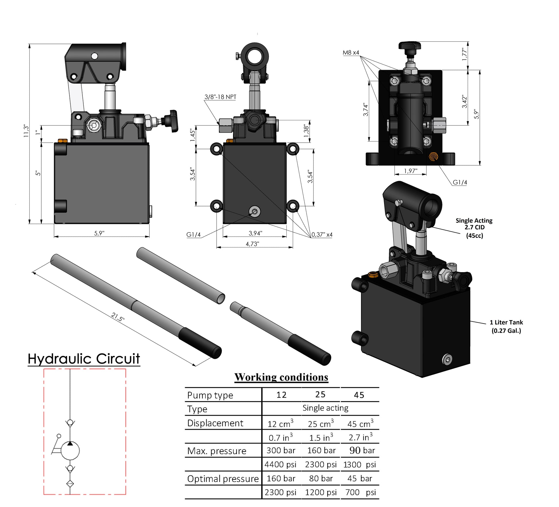 Pompa manuale a pistone idraulica a singolo e doppio effetto con pomello di rilascio, pompa idraulica azionata a mano con porte 3/8" NPTF - SPH390222