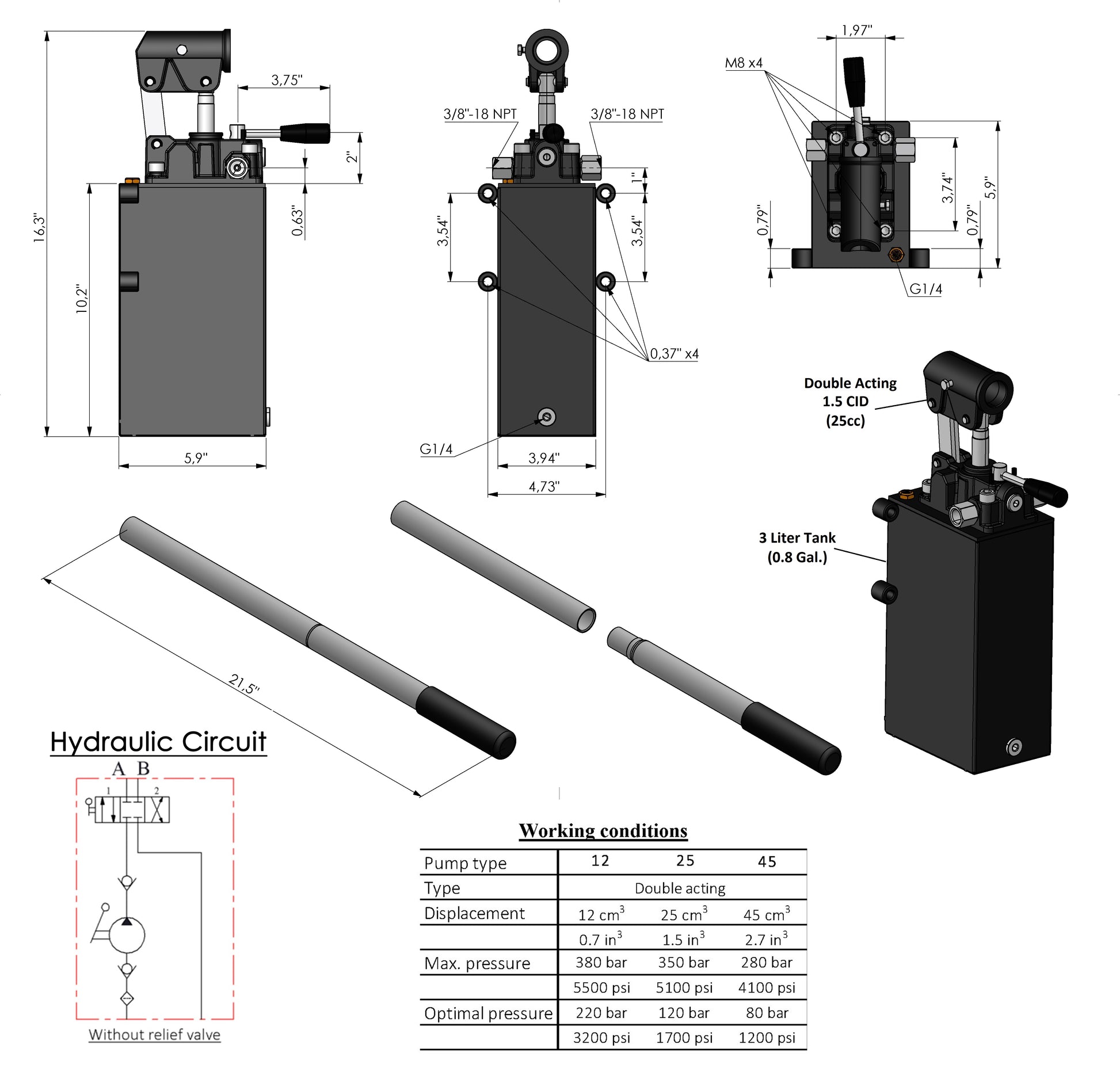 Double Acting Hydraulic Hand Pump With Tank 3/8" NPTF Ports