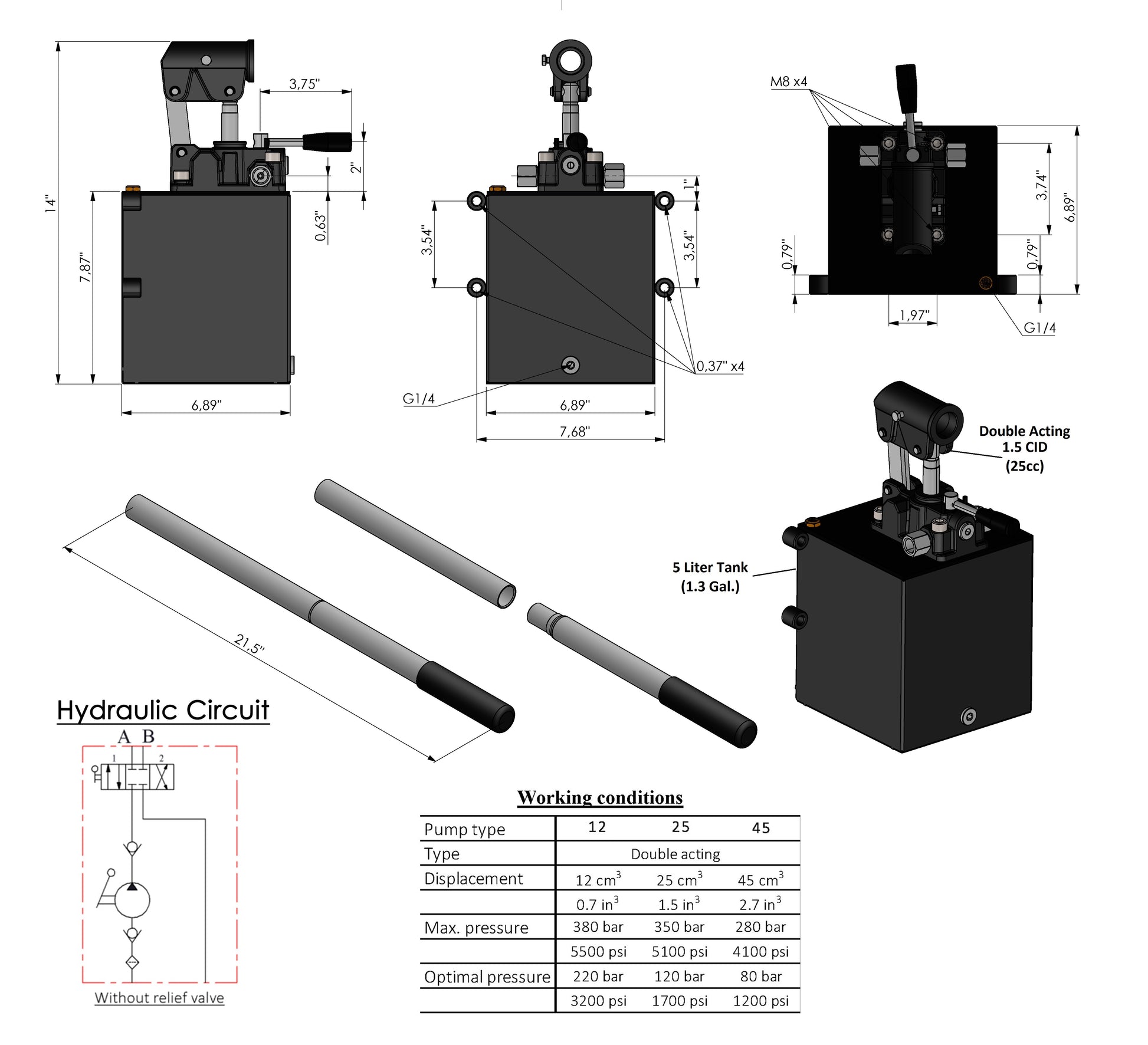 Double Acting Hydraulic Hand Pump With Tank 3/8" NPTF Ports