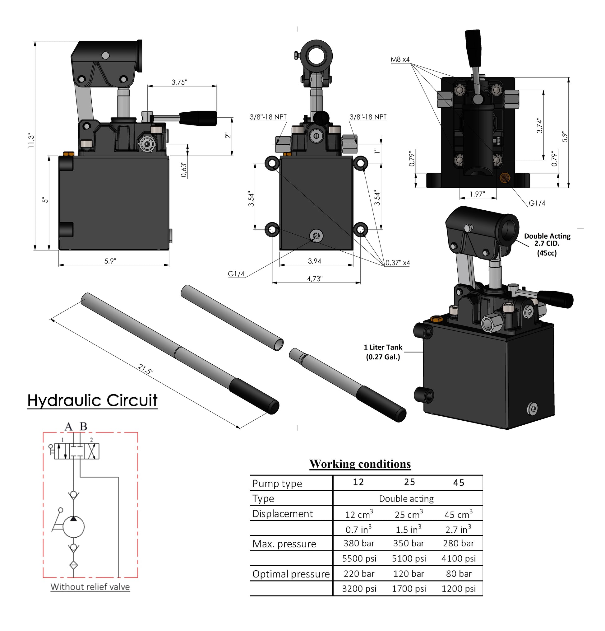 Double Acting Hydraulic Hand Pump With Tank 3/8" NPTF Ports