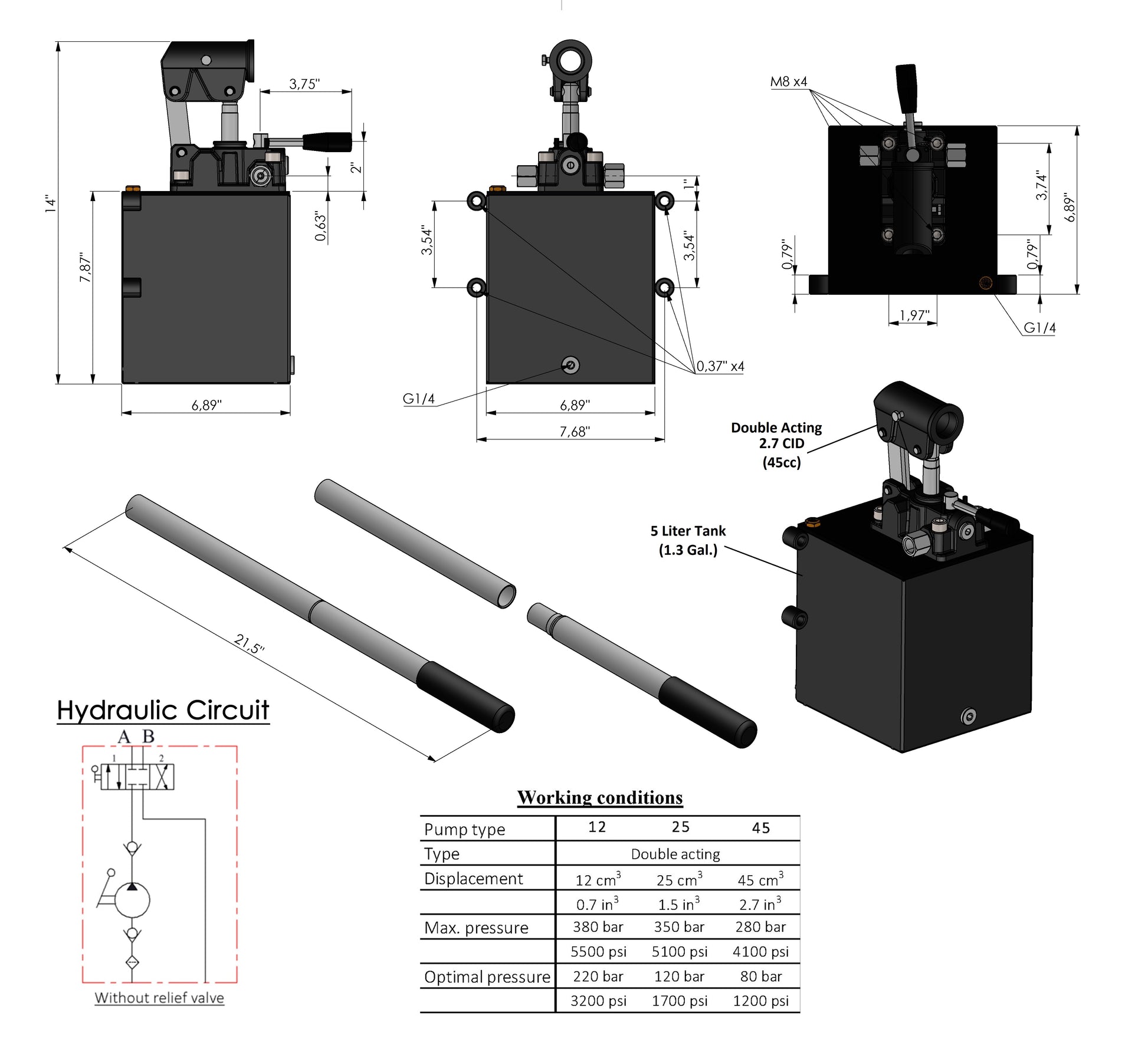 Double Acting Hydraulic Hand Pump With Tank 3/8" NPTF Ports
