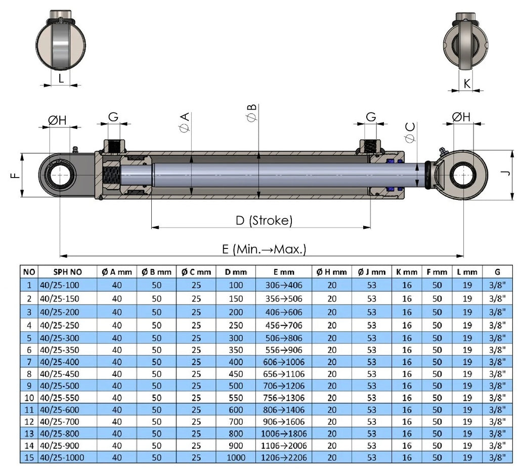 Double Acting Hydraulic Cylinder With Industrial Ball Joints (40/25)