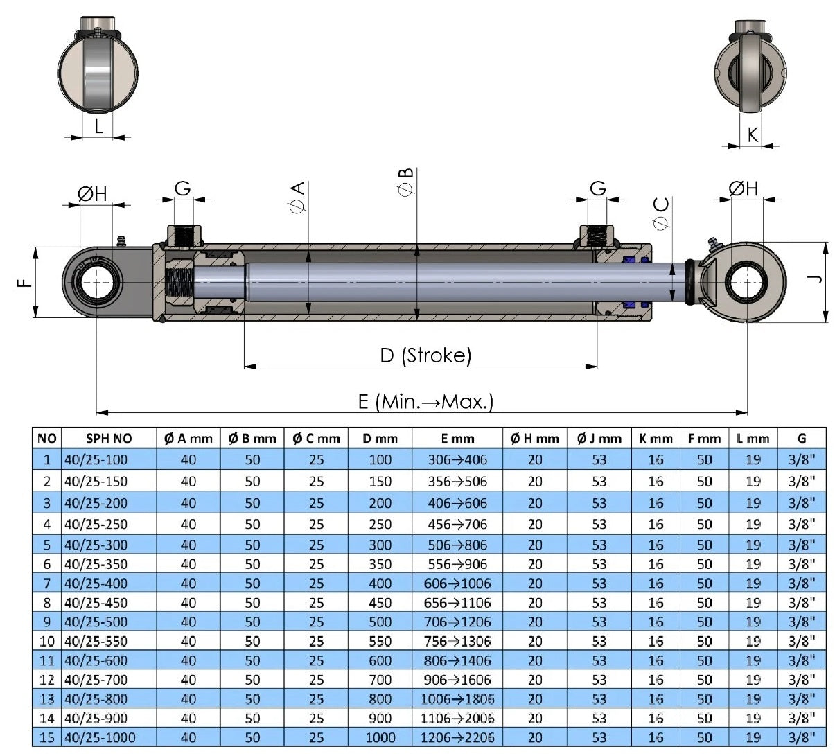 Double Acting Hydraulic Cylinder With Industrial Ball Joints (40/25)