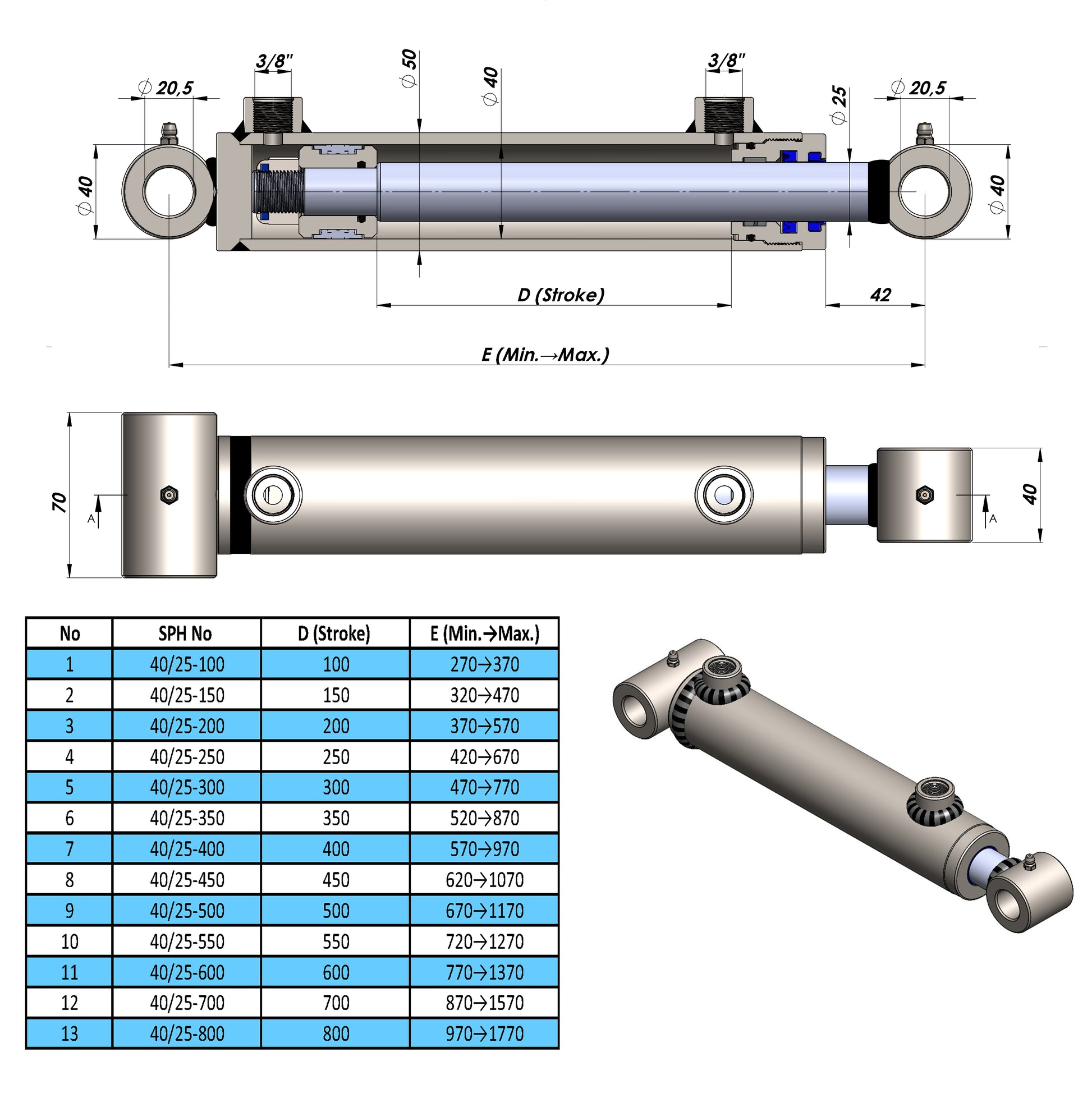 Double Acting Hydraulic Cylinders With Tube Ends (40/25)
