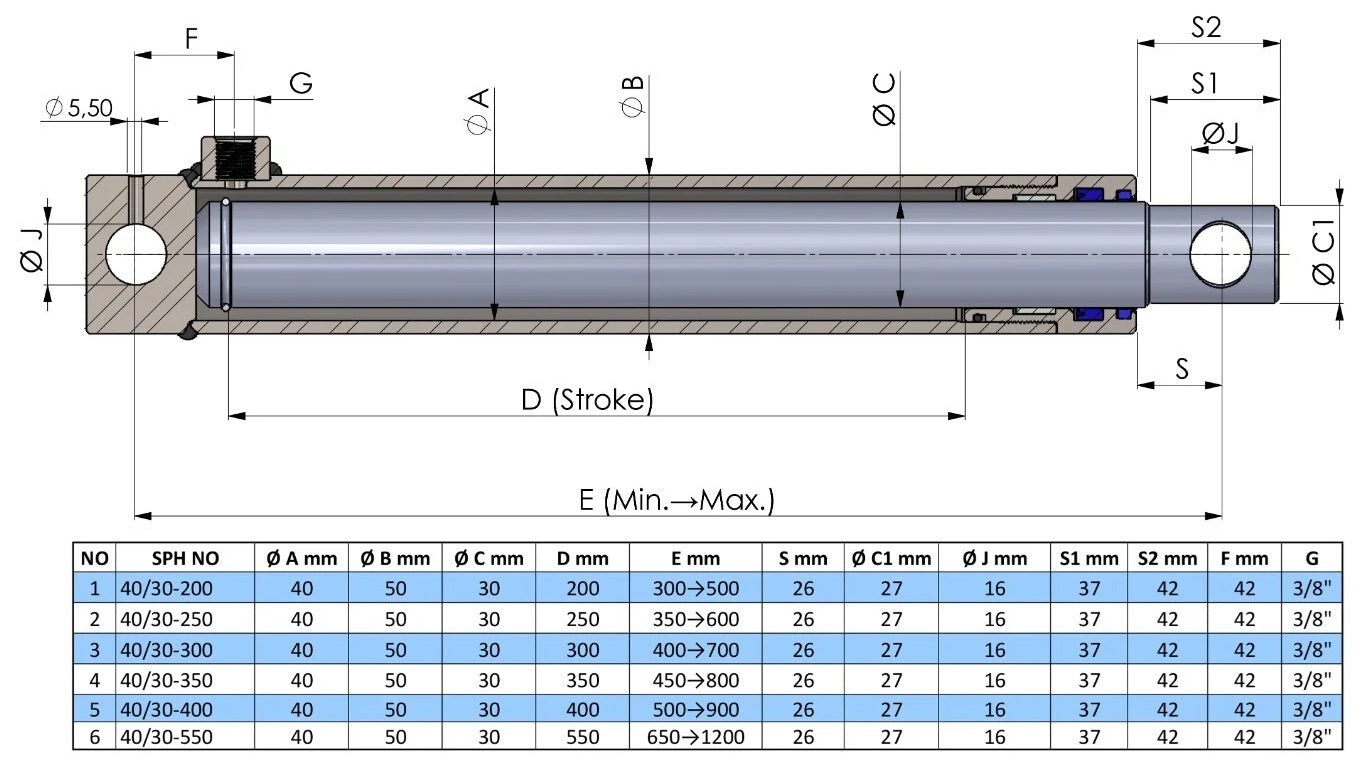 Single Acting Hydraulic Cylinder Hole Type (40/30)