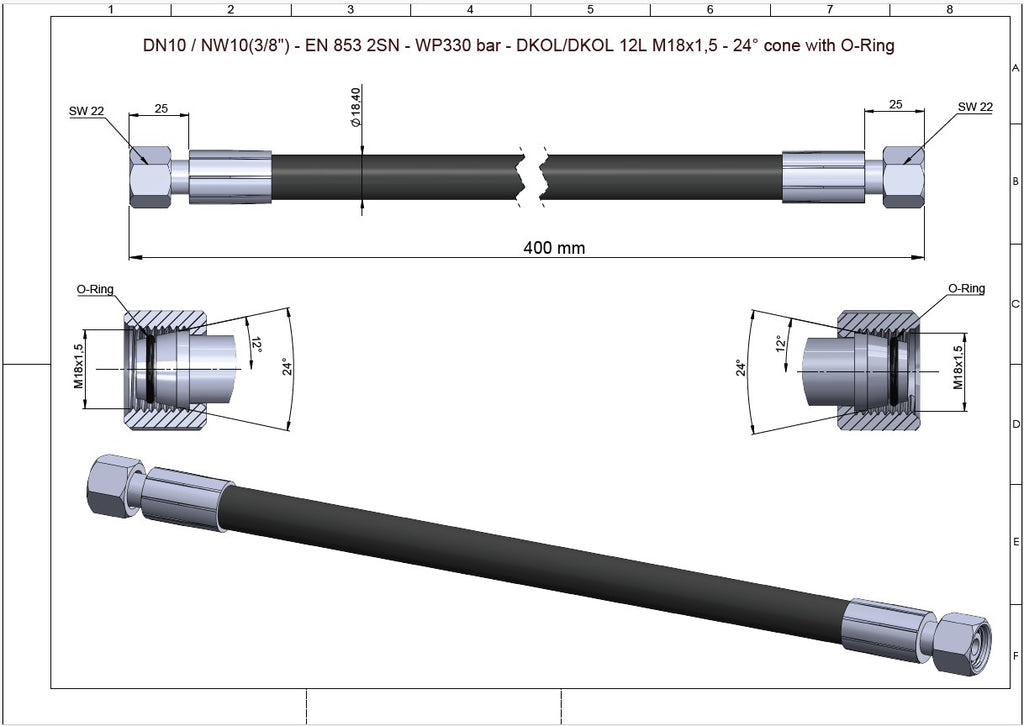 Hydraulic Hose 3/8" SAE 100R2AT 4800 PSI DKOL Straight M18x1.5