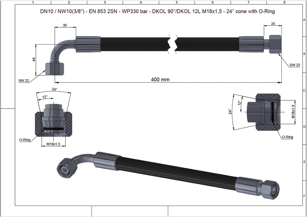 Hydrauliletku DN10 (3/8") EN 853 2SN 330 bar DKOL 90° / DKOL suora M18x1,5