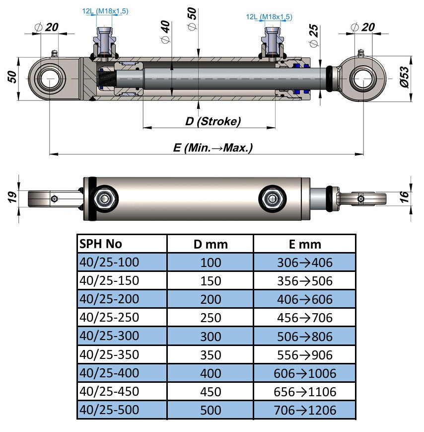 Double Acting Hydraulic Cylinder With Ball Joints (40/25) + Nipple
