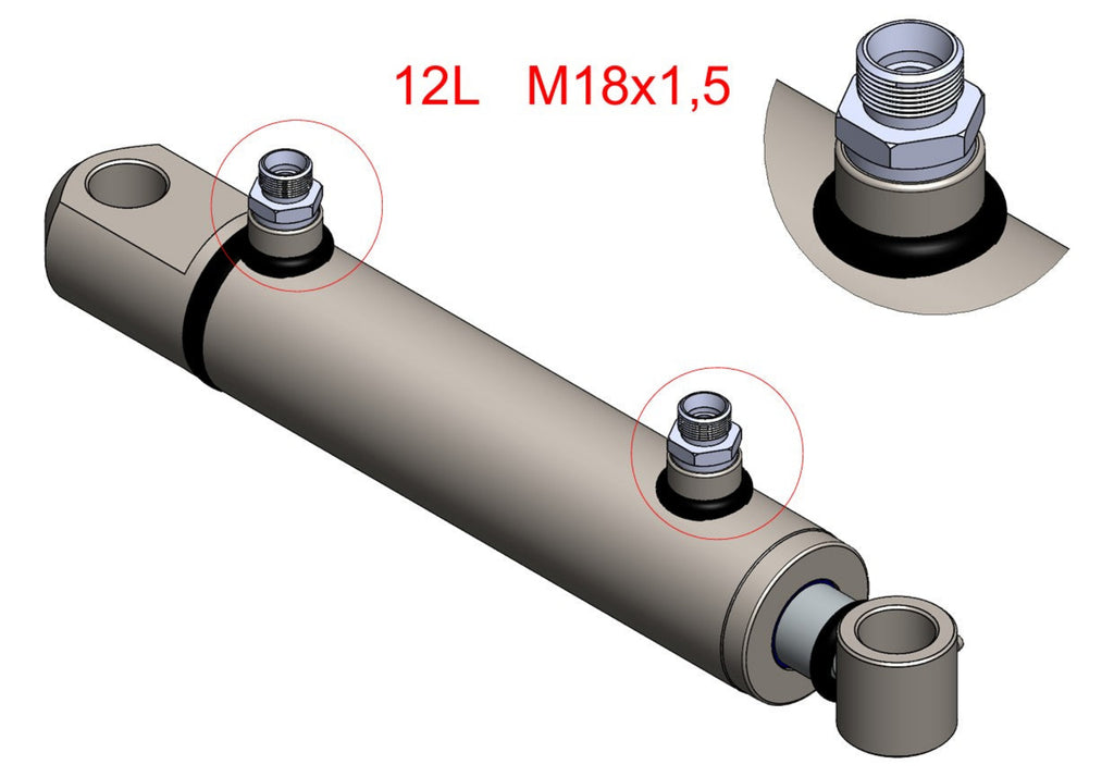 Doppeltwirkender Hydraulikzylinder mit Stangenauge und Gewindenippel (40/25) + Einschraubverschraubung 12L M18x1,5