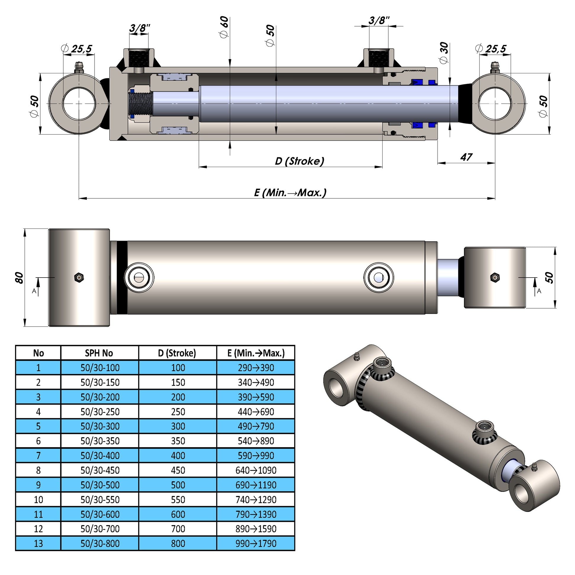 Double Acting Hydraulic Cylinders With Tube Ends (50/30)
