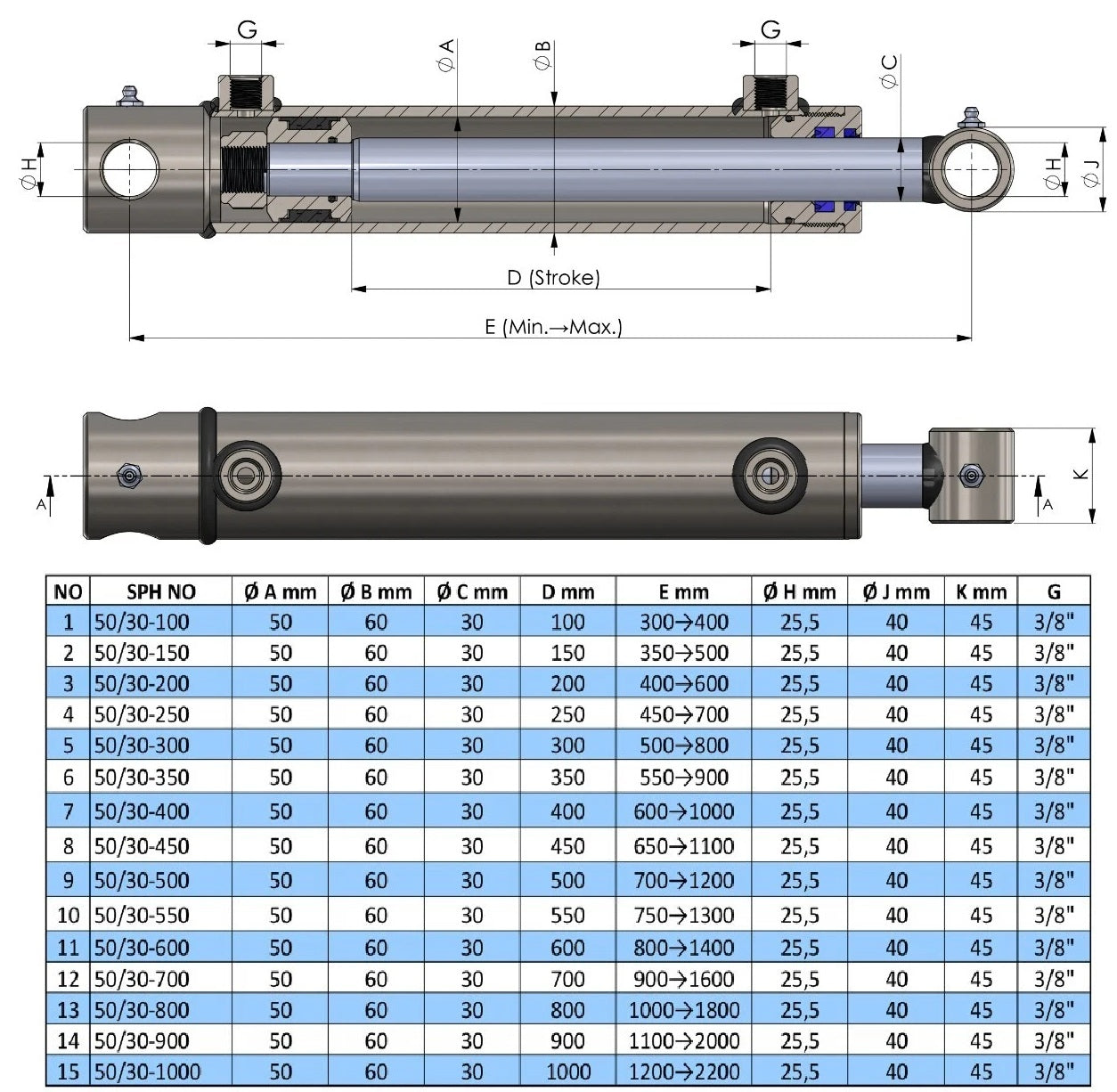 Double Acting Hydraulic Cylinder Hole Type (50/30)