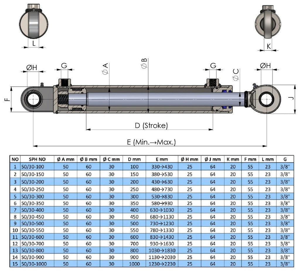 Double Acting Hydraulic Cylinder With Industrial Ball Joints (50/30)