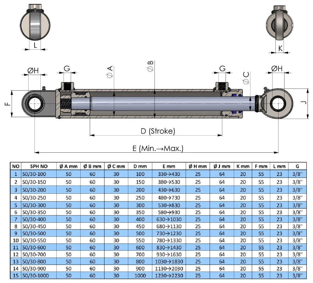 Double Acting Hydraulic Cylinder With Industrial Ball Joints (50/30)