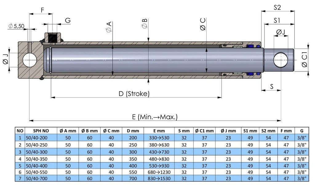 Single Acting Hydraulic Cylinder Hole Type (50/40)