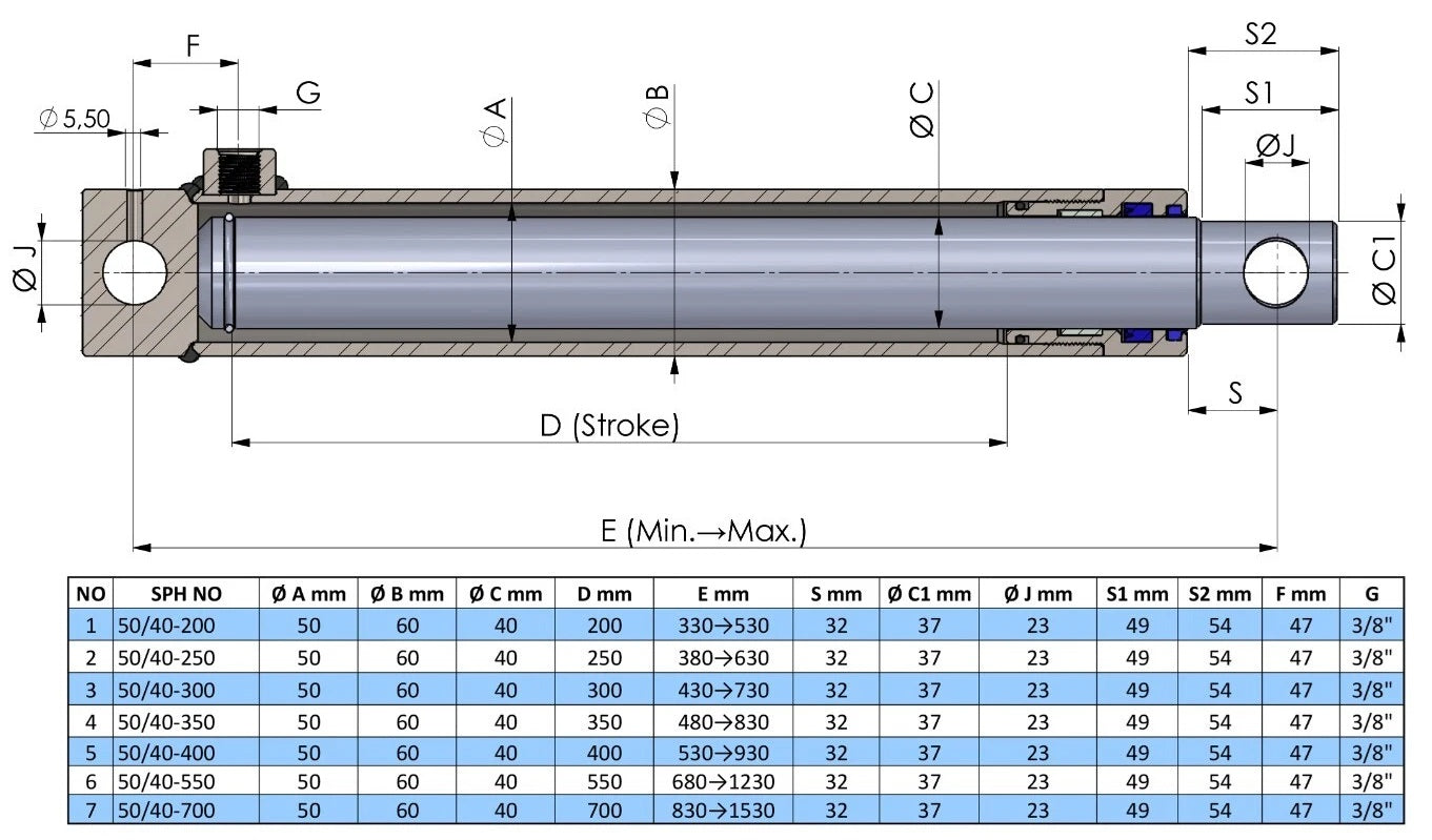 Single Acting Hydraulic Cylinder Hole Type (50/40)