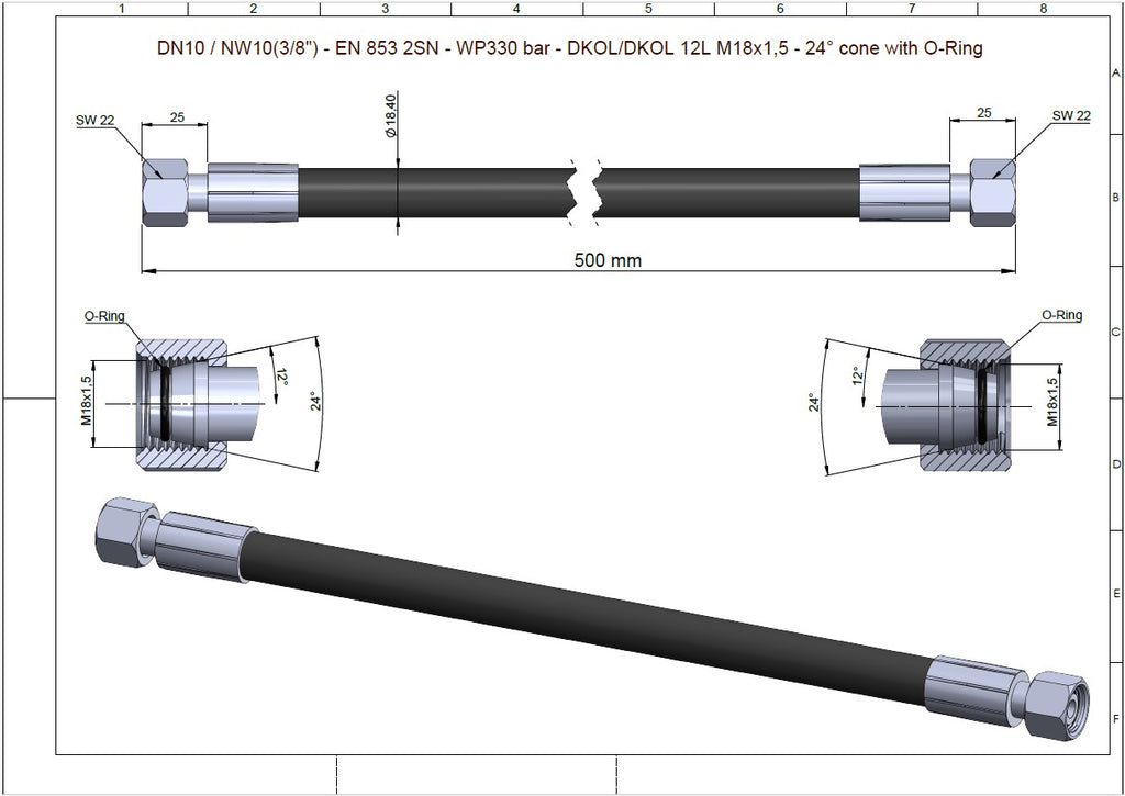 Flexible hydraulique DN10 (3/8") EN 853 2SN 330 bar DKOL droit M18x1,5