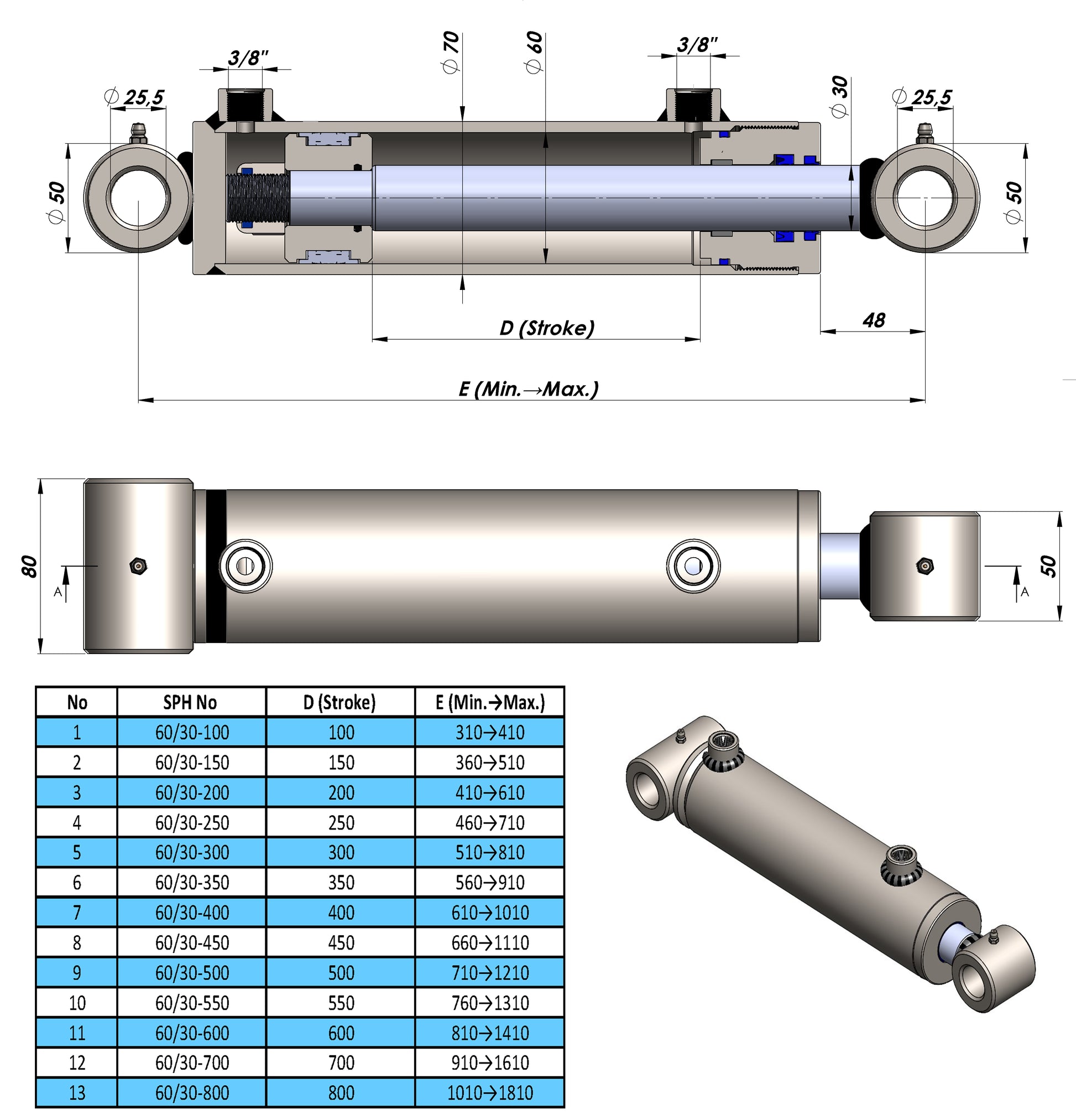 Double Acting Hydraulic Cylinders With Tube Ends (60/30)