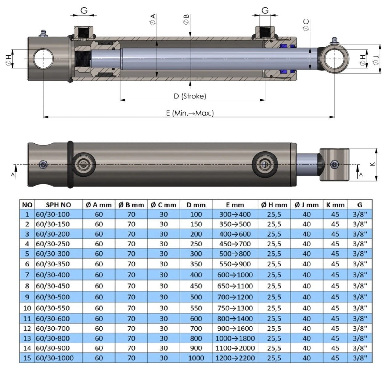 Double Acting Hydraulic Cylinder Hole Type (60/30)