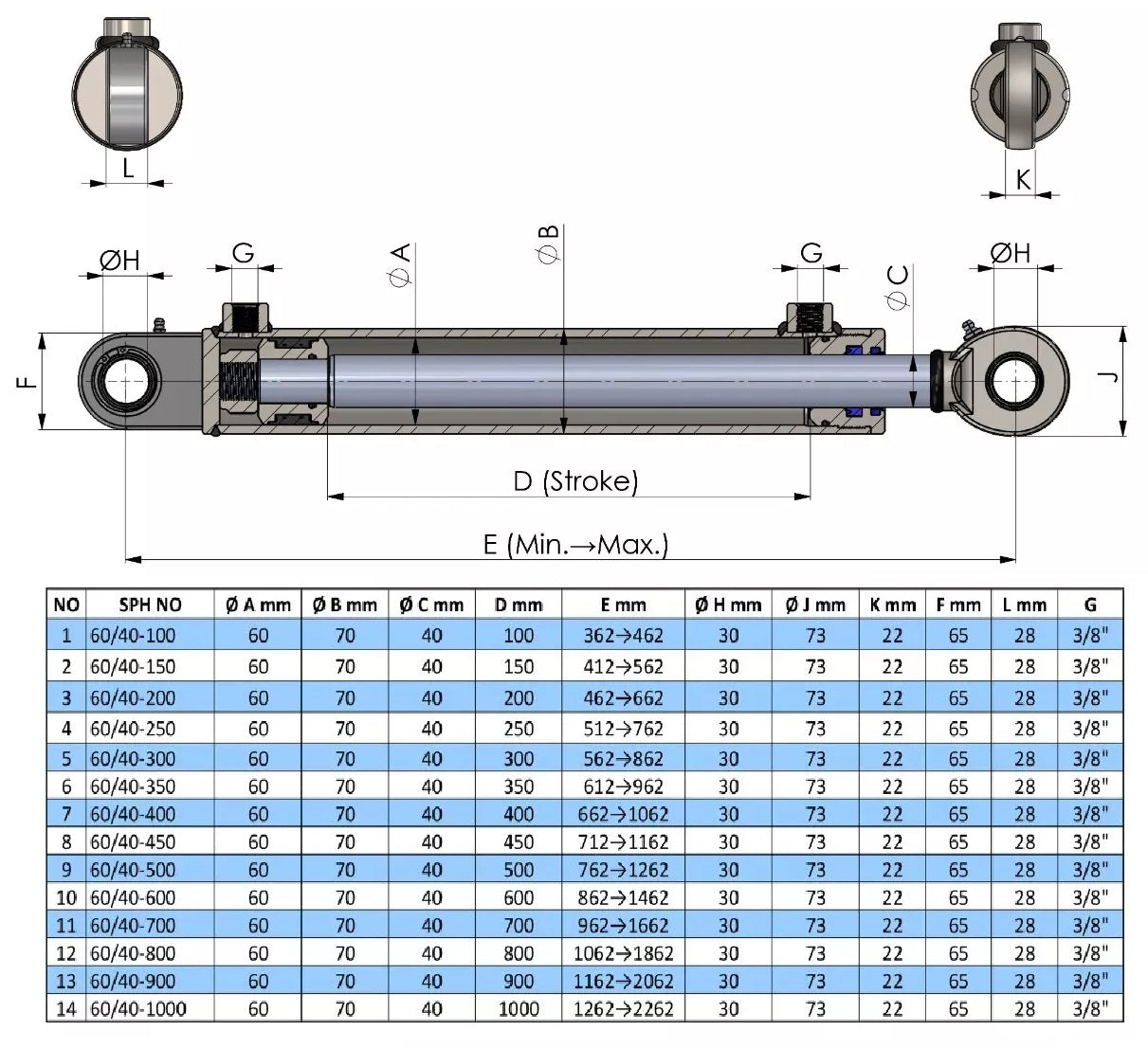 Double Acting Hydraulic Cylinder With Industrial Ball Joints (60/40)