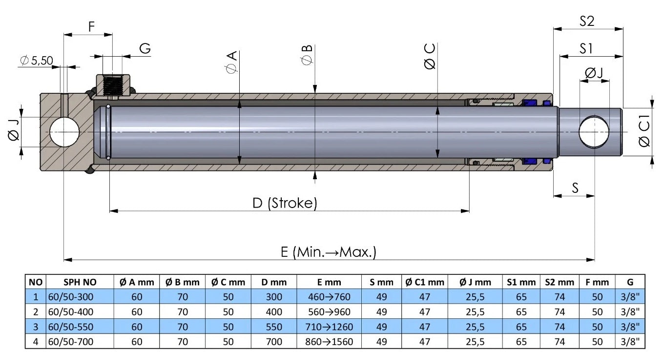 Single Acting Hydraulic Cylinder Hole Type (60/50)